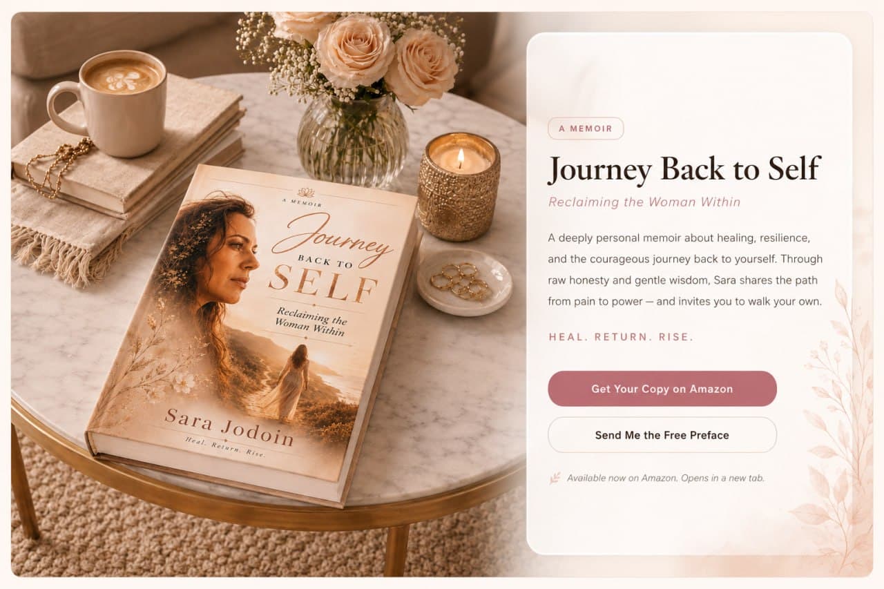 Journey Back to Self book displayed with roses, coffee, and candlelight