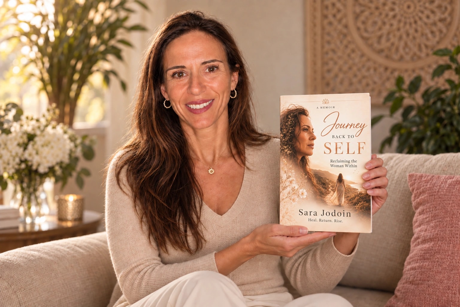 AI-created promotional portrait of Sara Jodoin holding Journey Back to Self