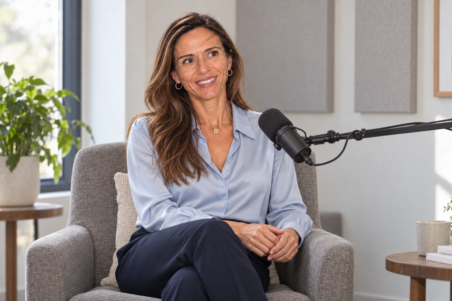 AI-created promotional portrait of Sara Jodoin seated beside a podcast microphone